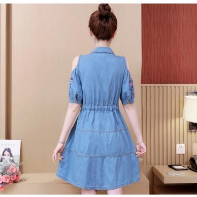 ĐẦM JEAN TRỄ VAI FORM A TAY THÊU HOA - NJ221